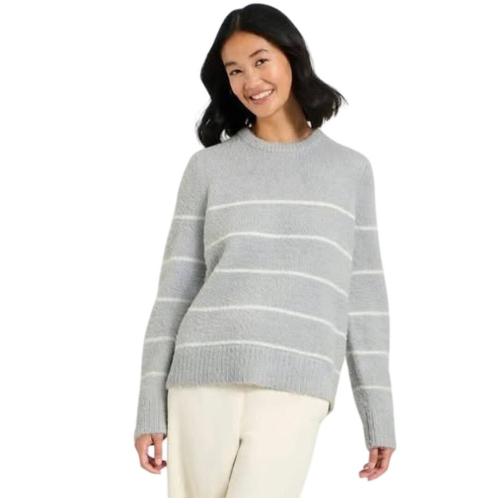 A New Day Women's Grey Striped Long Sleeve Crewneck Sweater Size Small